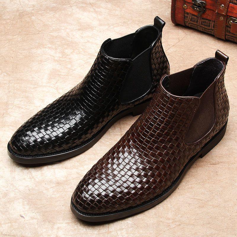 Handmade Embossed British-Korean Style High-Top Leather Men's Chelsea Martin Boots