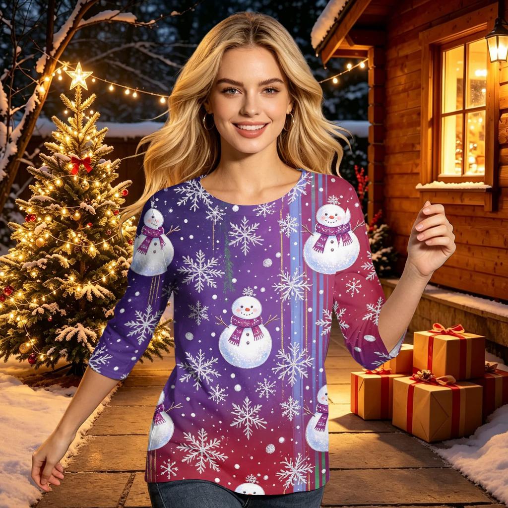 Women's Casual 3/4 Sleeve Round Neck Top with Christmas Print