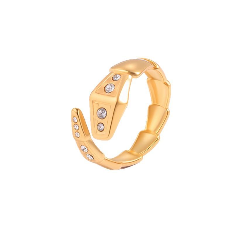 Ring - Elegant Female Style White Mother-of-pearl Snake-shaped Open-ended Ring - 18K Gold Electroplated with Diamonds - Snake Bone Ring