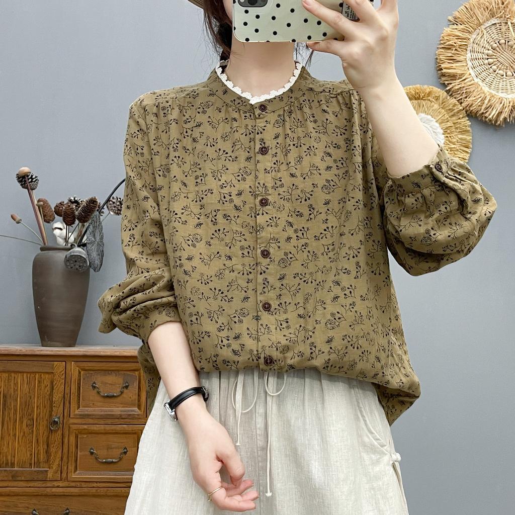 Women Long Sleeve Cotton Shirt Arrival Autumn Vintage Style Lace Stand Collar Loose Female Casual Shirts