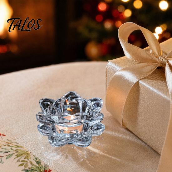 Talos Crystal Lotus Flower Tealight Candle Holders, Glass Tea Light Candlestick Decor with Deep Grooved Plate, Multifunctional Decoration for