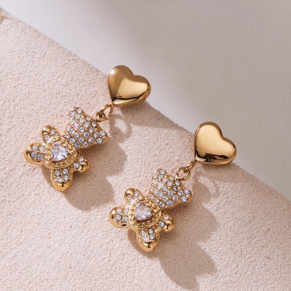 Qiong Yao Full Diamond Bear Pendant & Bamboo Joint Earring Bracelet Necklace Set - Non-fading.