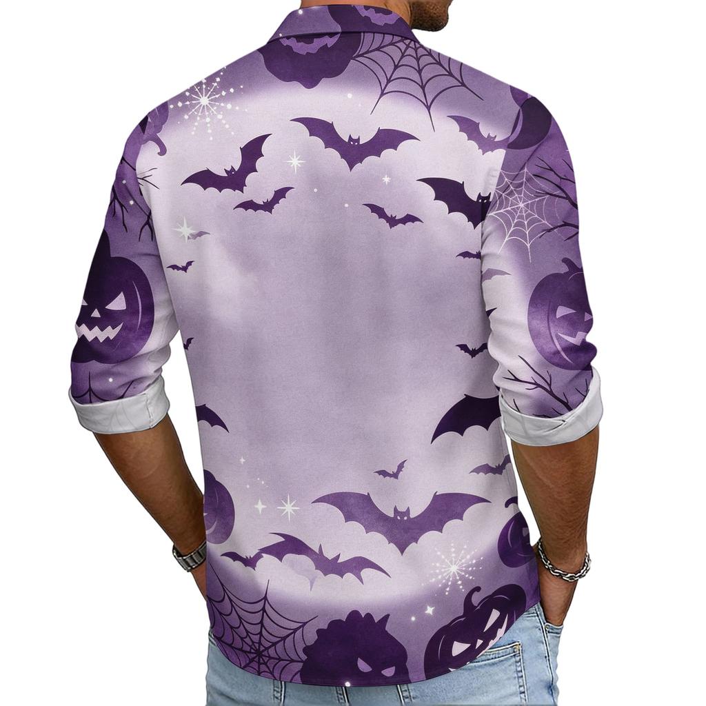 Men's Loose Fit Long Sleeve Shirt with Spread Collar Halloween Themed Casual Vintage Style Breathable Fabric Suitable for Outdoor Workwear