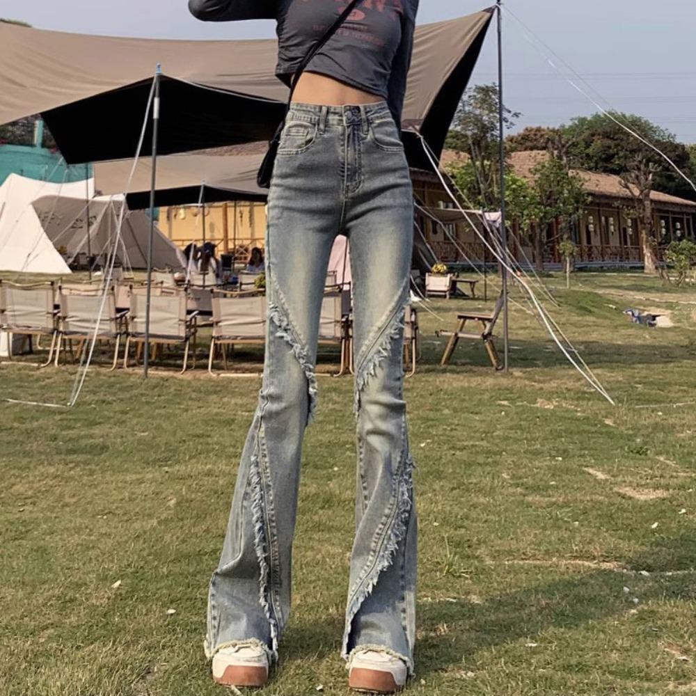 Rough Edge Slightly Pulled Jeans Women's Spring and Autumn New High-waisted Slim-fitting Splicing Nostalgic Horseshoe Horn Jeans