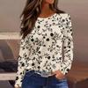 Maglietta da donna alla moda casual con spacchi sul fondo, scollo rotondo, manica lunga, ampia, stampata