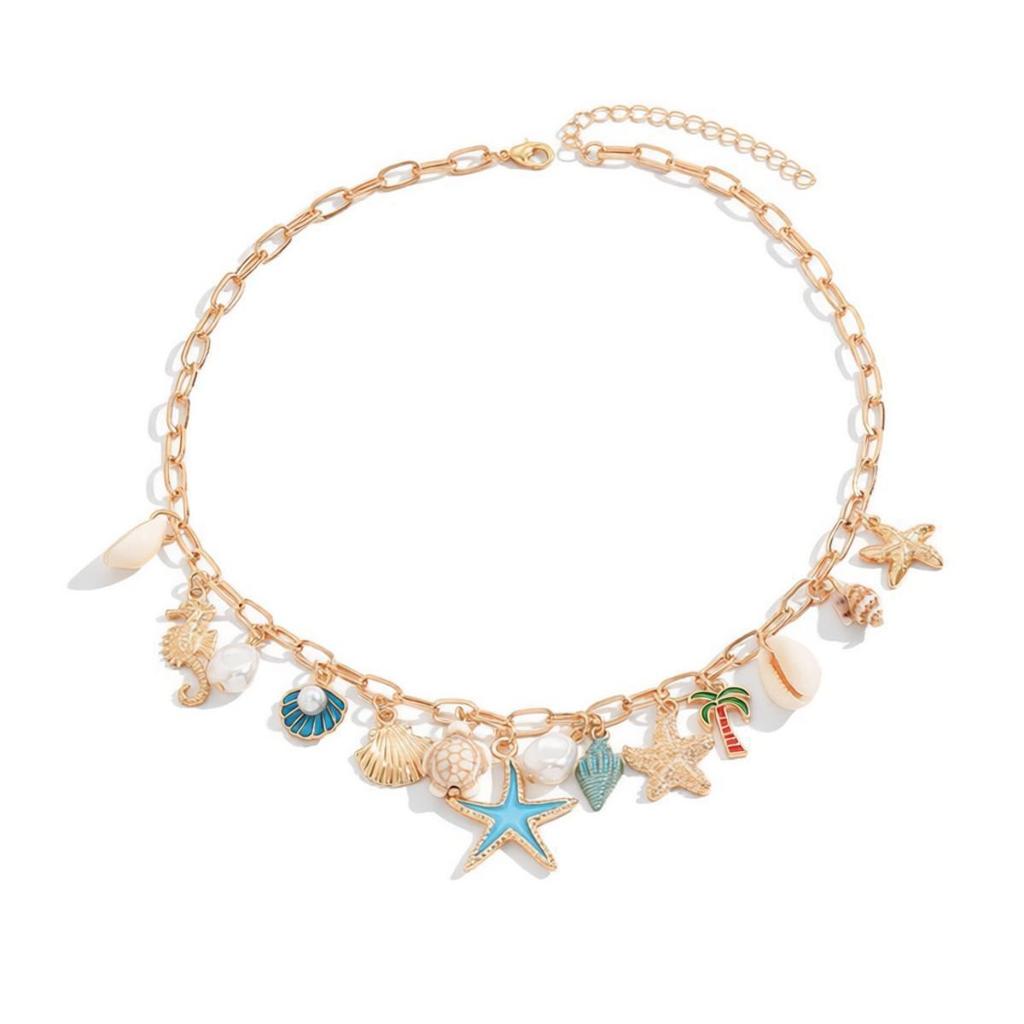 Bohemian Starfish Shell Pendant Necklace for Women Summer Beach Conch Turtle Choker Party Jewelry Gift