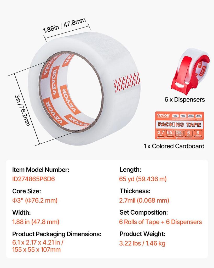 Packing Tape 6 Rolls 65 Yards Clear Shipping Tape with Dispenser 2.7 Mil