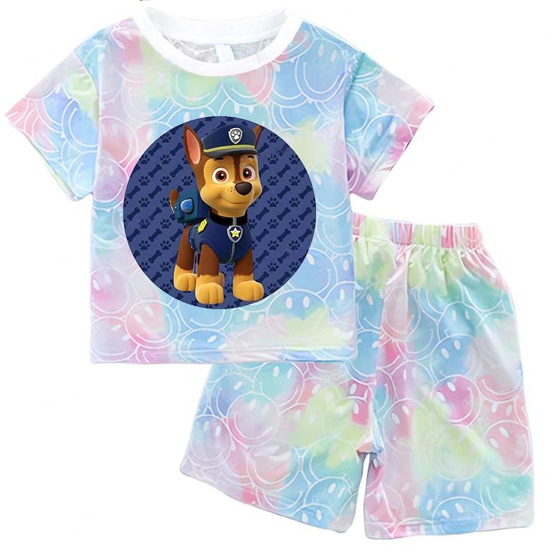 Paw Patrol Summer Clothing Sets for Baby Girl Outfits Cute Print Tie-dye Smile Tees Children Short Sleeve T Shirt Shorts 2pcs