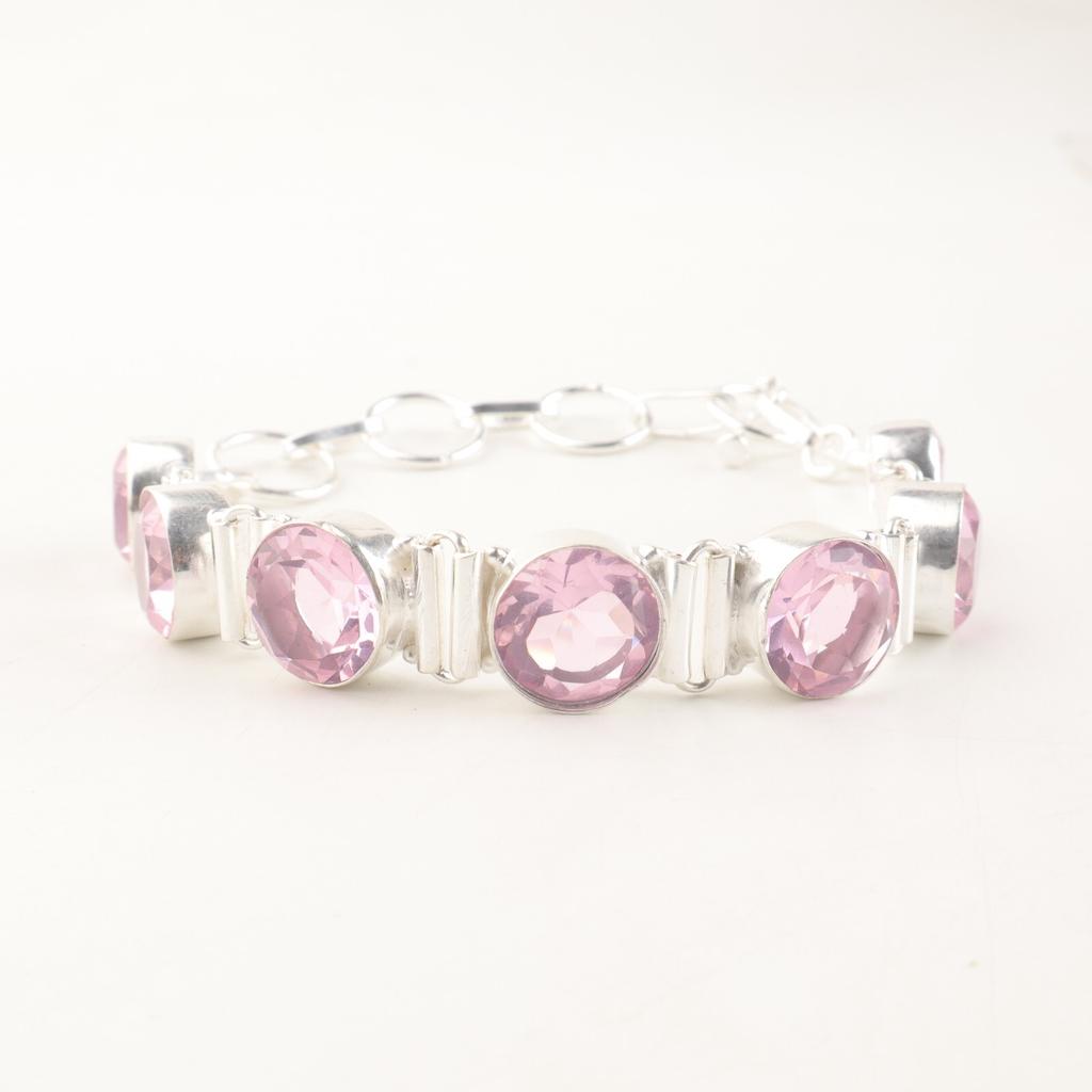 925 Sterling Silver Pink Morganite Gemstone Jewelry Handmade Bracelet9" For Gift RB-7-9