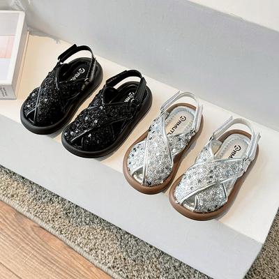 Girls' Summer New Fashion Sequin Sandals for Outdoor Wear, Princess Shoes with Soft Soles, Children's Slip-on Sandals