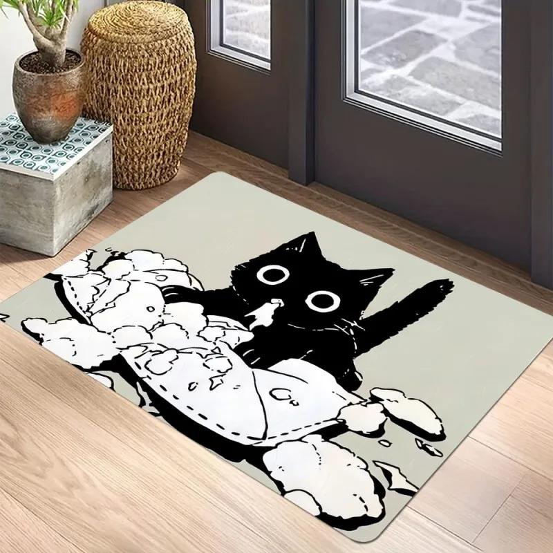 Black Cat Door Mat Non-Slip Entrance Way Mats Welcome Mats Rugs Washable Carpet Home Decoration For Indoor Outdoor