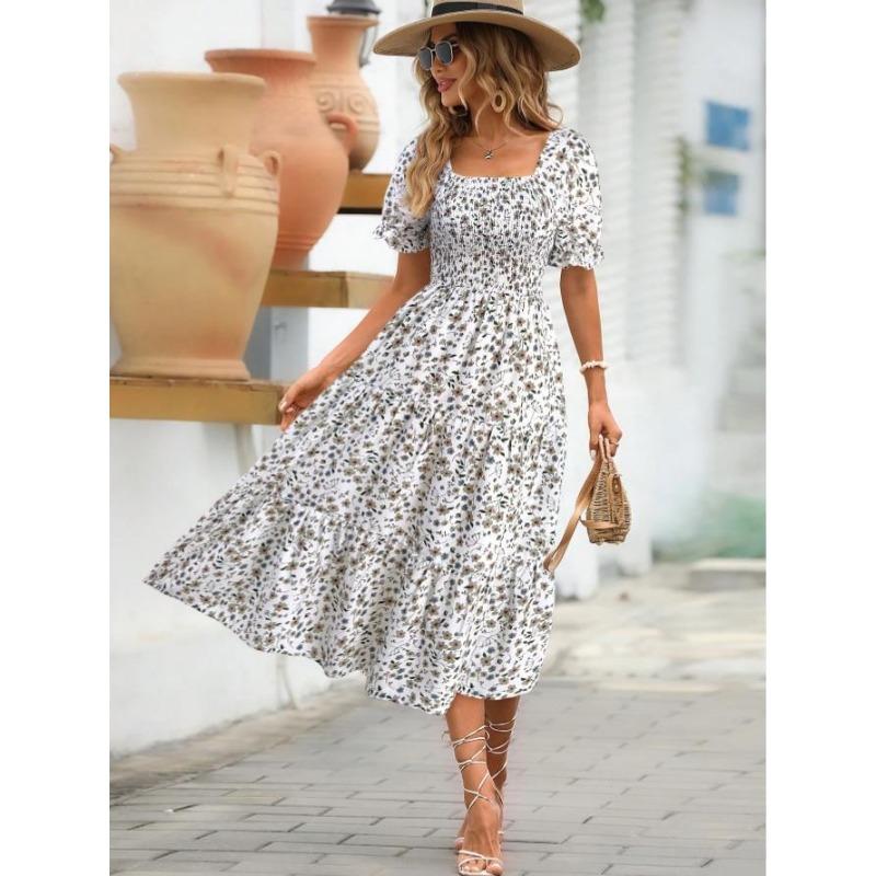 Women's Printed Square Neck Waisted Bubble Sleeve Layered Dresses
