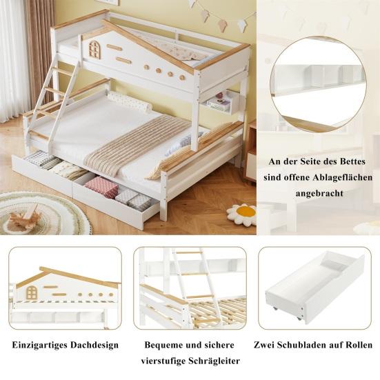 Double Layer Bed Bunk Bed Children with Color-Contrasting Safety Rail Two Drawers Mother Child Window Four-Step Inclined Ladder And Open