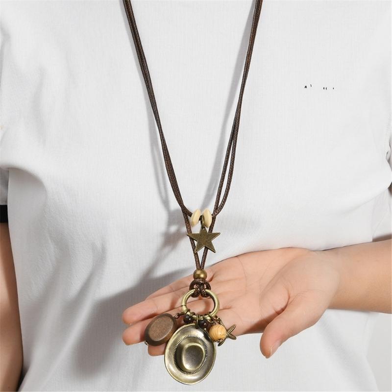 Western Styles Long Chain Necklace Artisanal Crafted Wax Cord Alloy Pendant Wooden Bead Accents Retro Fashion Accessory
