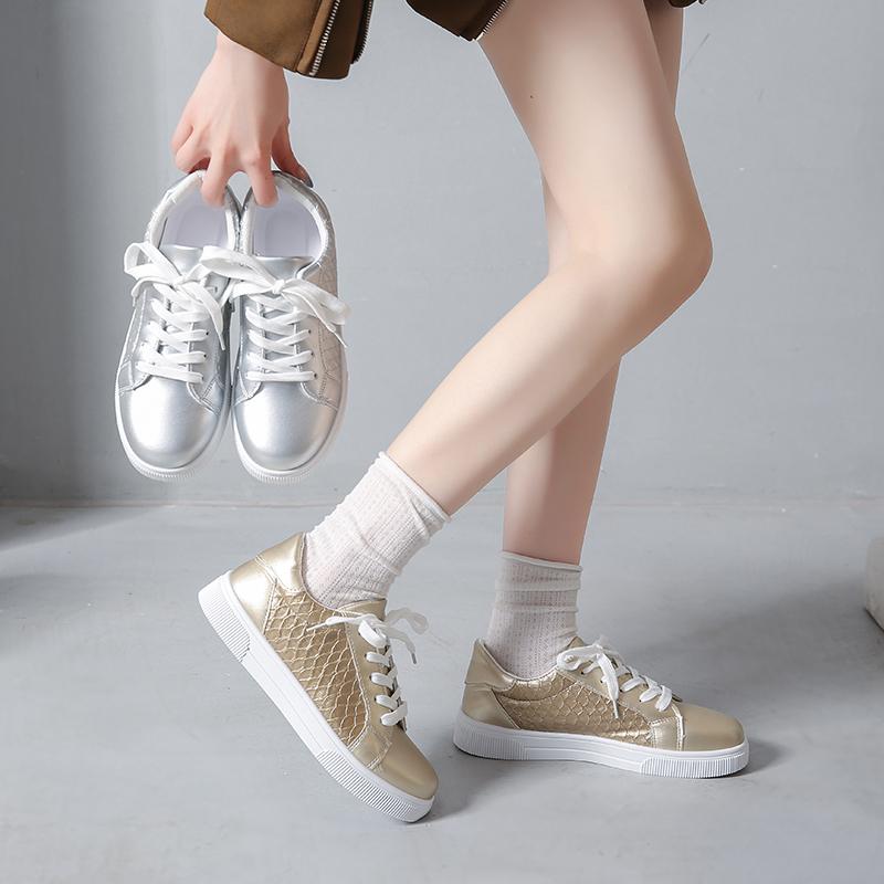 Fashion Plus Size 42 Women Gold Sliver Sneakers Spring Autumn New Women Fashionable Lace-up Soft Leather Board Shoes Ladies Casual Shoes