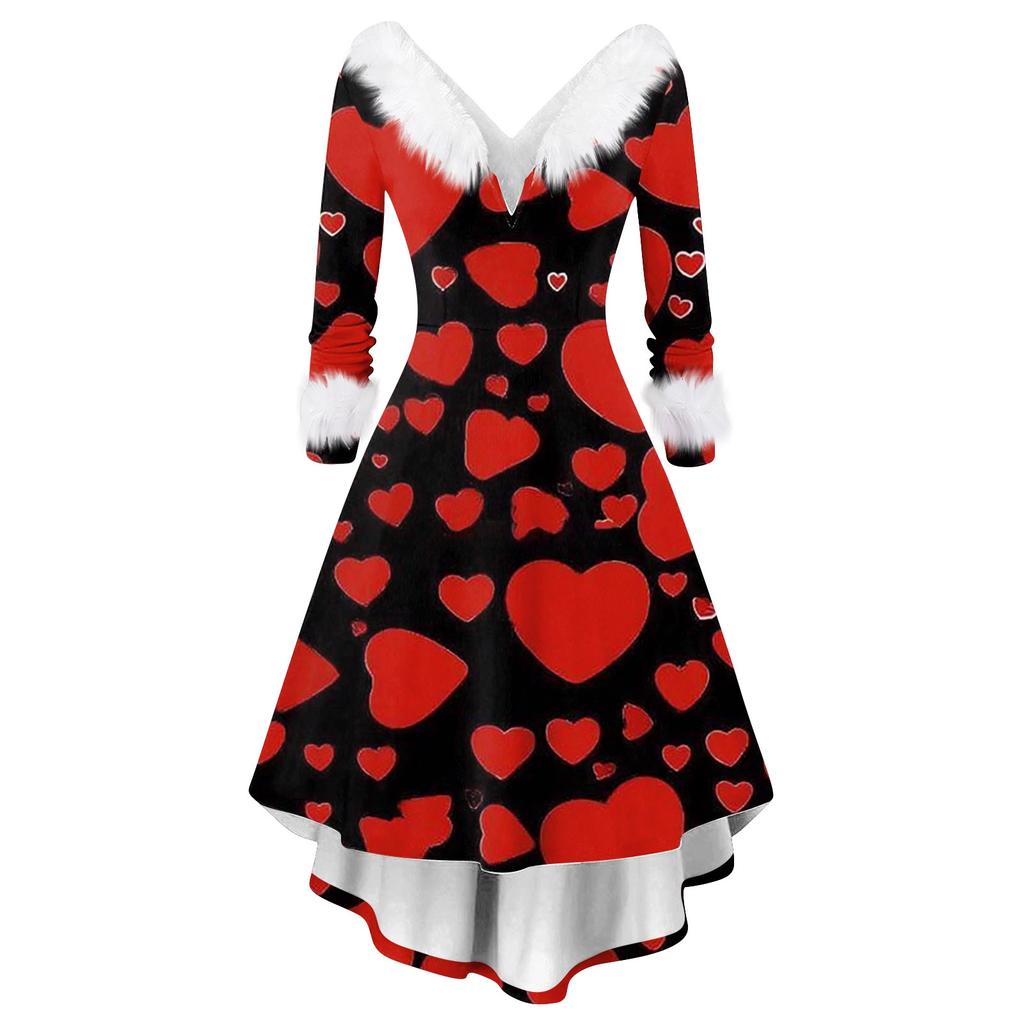 Damen stilvolles und elegantes langärmeliges V-Ausschnitt Kleid mit Valentinstags-Herzprint