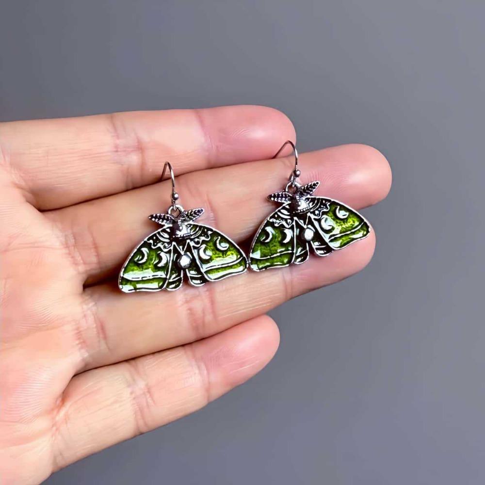 Gothic Retro Green Moth-shaped Moon Sun Carved Pattern Stud Earrings for Men Women Halloween Party Punk Personality Jewelry Gift