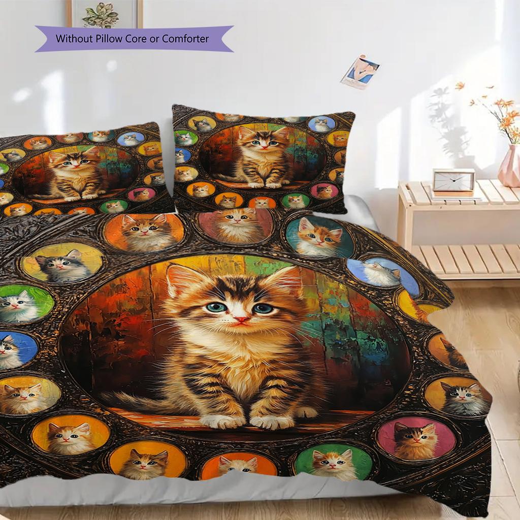 Tabby Cat Pattern Bedding Quilt Set Quilt Cover Pillowcase Home Decoration Birthday Gift (1 * duvet cover + 2 * pillowcase, without core)