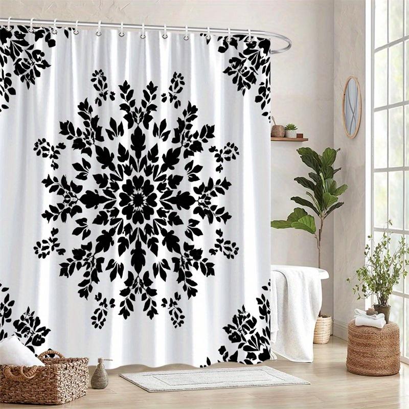 1Pc Black Floral Snowflake Pattern Shower Curtain - Polyester Fabric, Machine Washable, Suitable For Bathroom Decoration