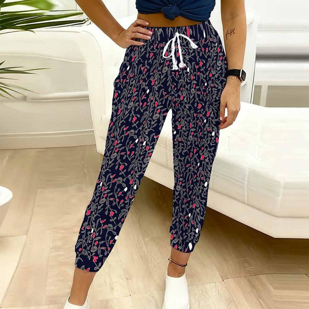 Summer Ladies Color-blocking Printed Sweatpants Loose Fit Drawstring Joggers Elastic Cuff Daily Casual Pants
