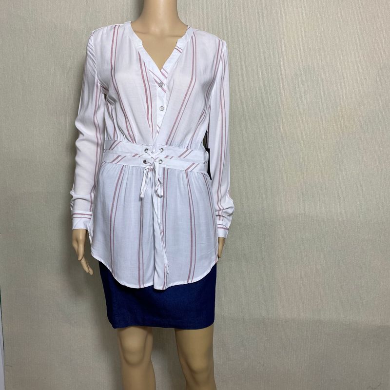 Export Fashion Original Single Rayon V Neck Stripes Half Open Long Sleeves Pullover Shirt Women's Shoelace Waist-Tight Mid Length Long Length