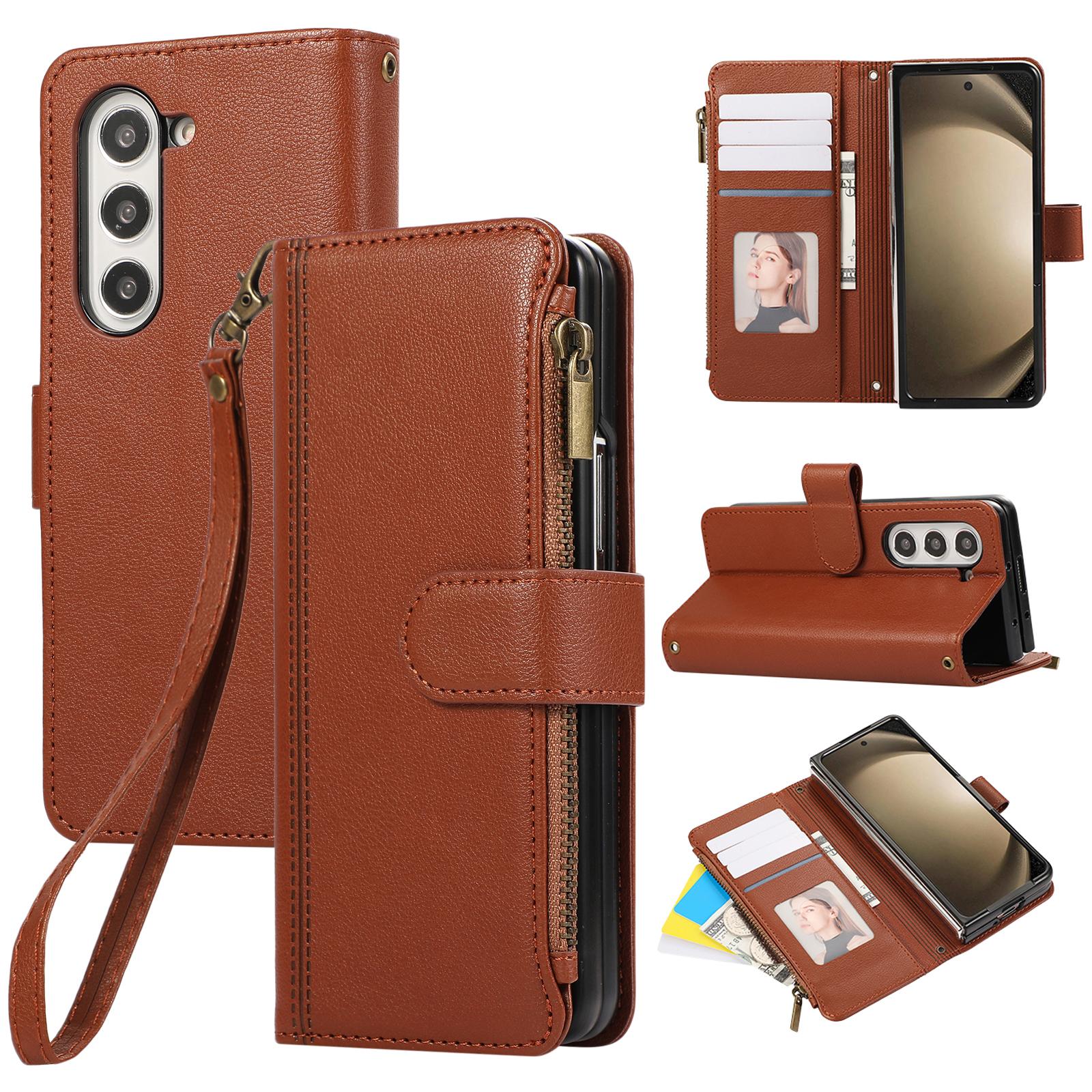

For Samsung Galaxy Z Fold7 5G Case Multi Card Slots Zipper Leather Phone Cover with Wrist Strap Brown