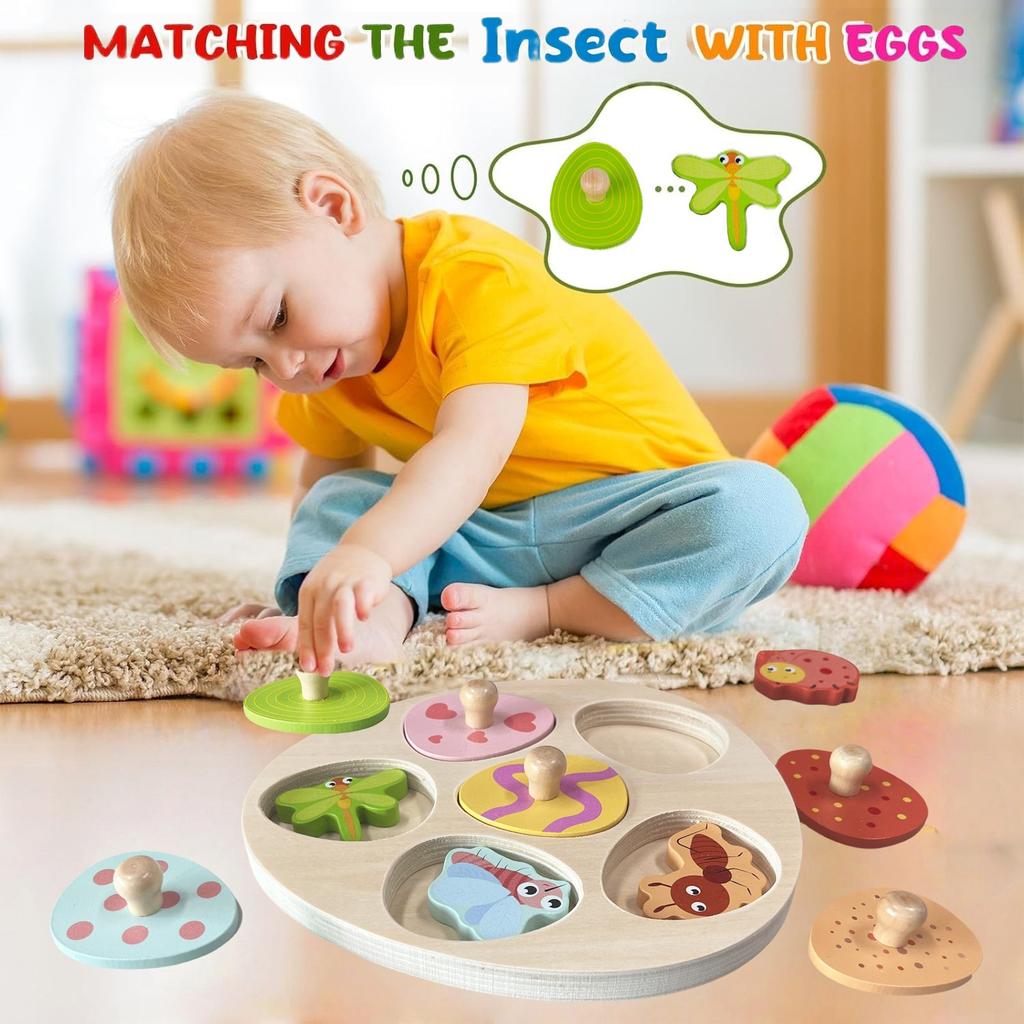Holzeier Puzzle Montessori Spielzeug Blume Insekt Steckpuzzle Zuordnungsspiele Feinmotorik Frühe Lernspielzeuge Geschenke für Kleinkinder