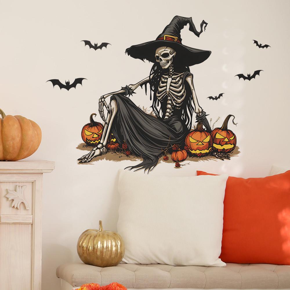 Halloween Skeleton Witch Pumpkin Bat Living Room Foyer Background Decor Stickers