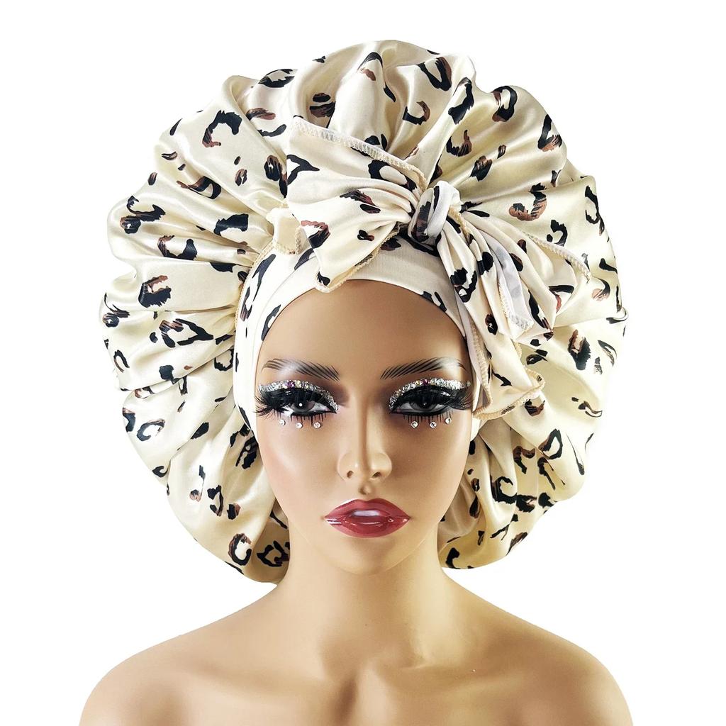 New Large Satin Bonnet Silk Night Sleeping Cap with Head Tie Band Bonnet Edge Wrap for Women Curly Braid Hair