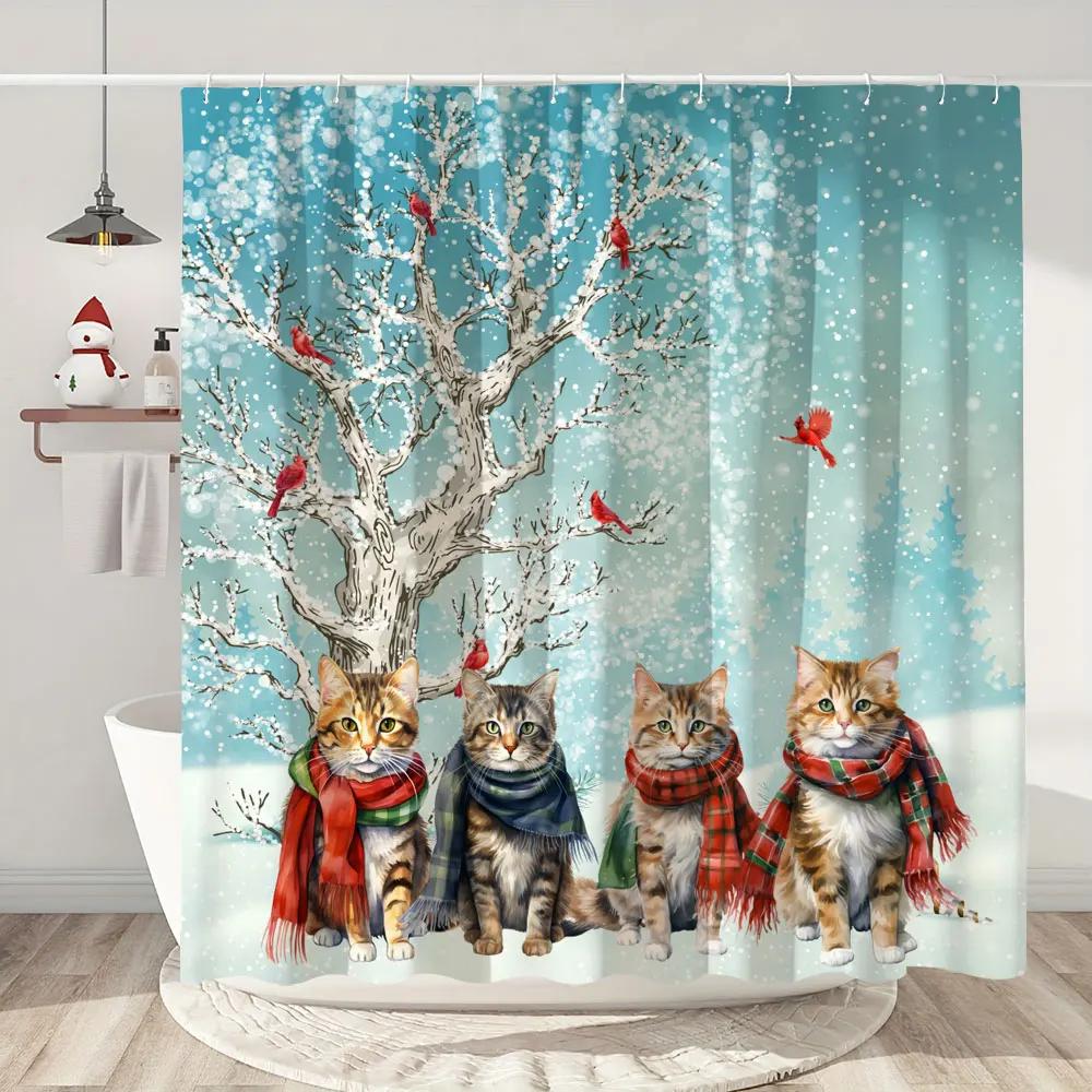 Christmas Shower Curtain Santa Claus Christmas Gifts Snowman Happy Holidays Polyester Shower Curtains Bathroom Deco with Hooks