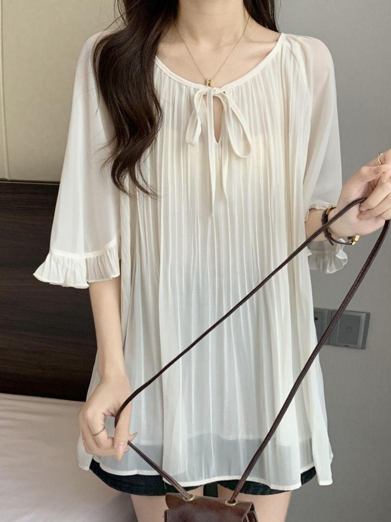 Blouses d'été grandes tailles pour femmes Style français Amincissantes Amples Manches Lanterne Chemise en Mousseline Hauts boutonnés T-shirts