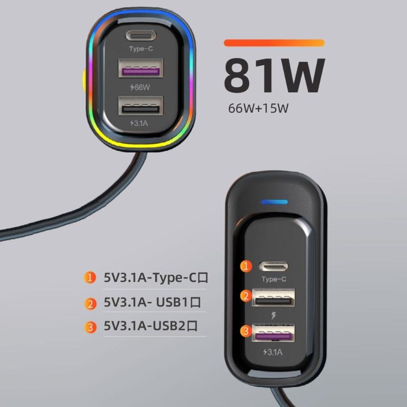 Mehrere Geräte Auto-Ladestation 6-Port USB-Schnellladegerät mit Verlängertem Kabel Universelles Autoladegerät für Smartphones