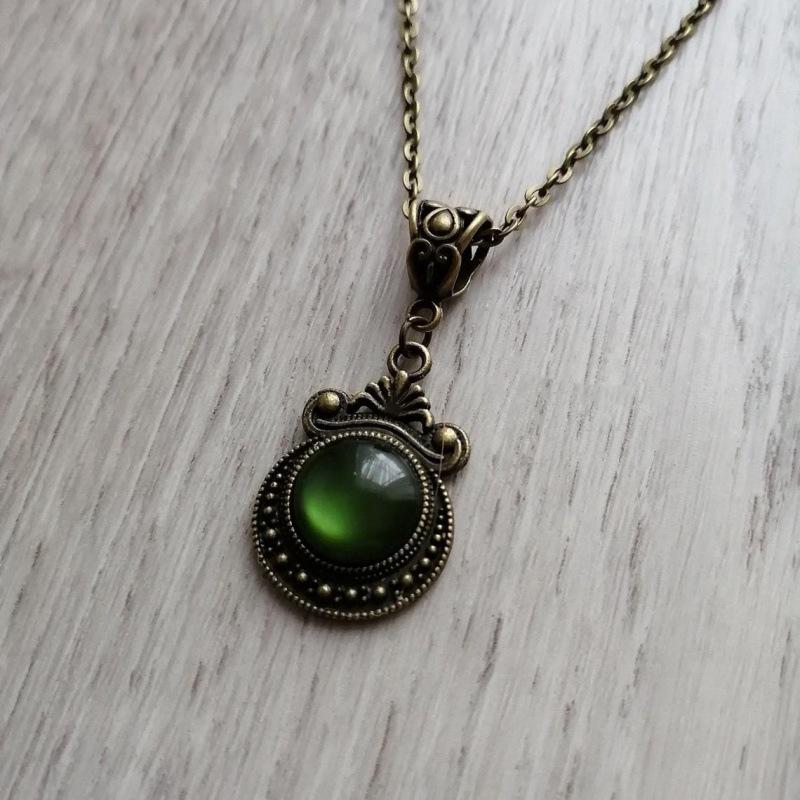 Gothic Bronze Green Stone Pendant Necklace