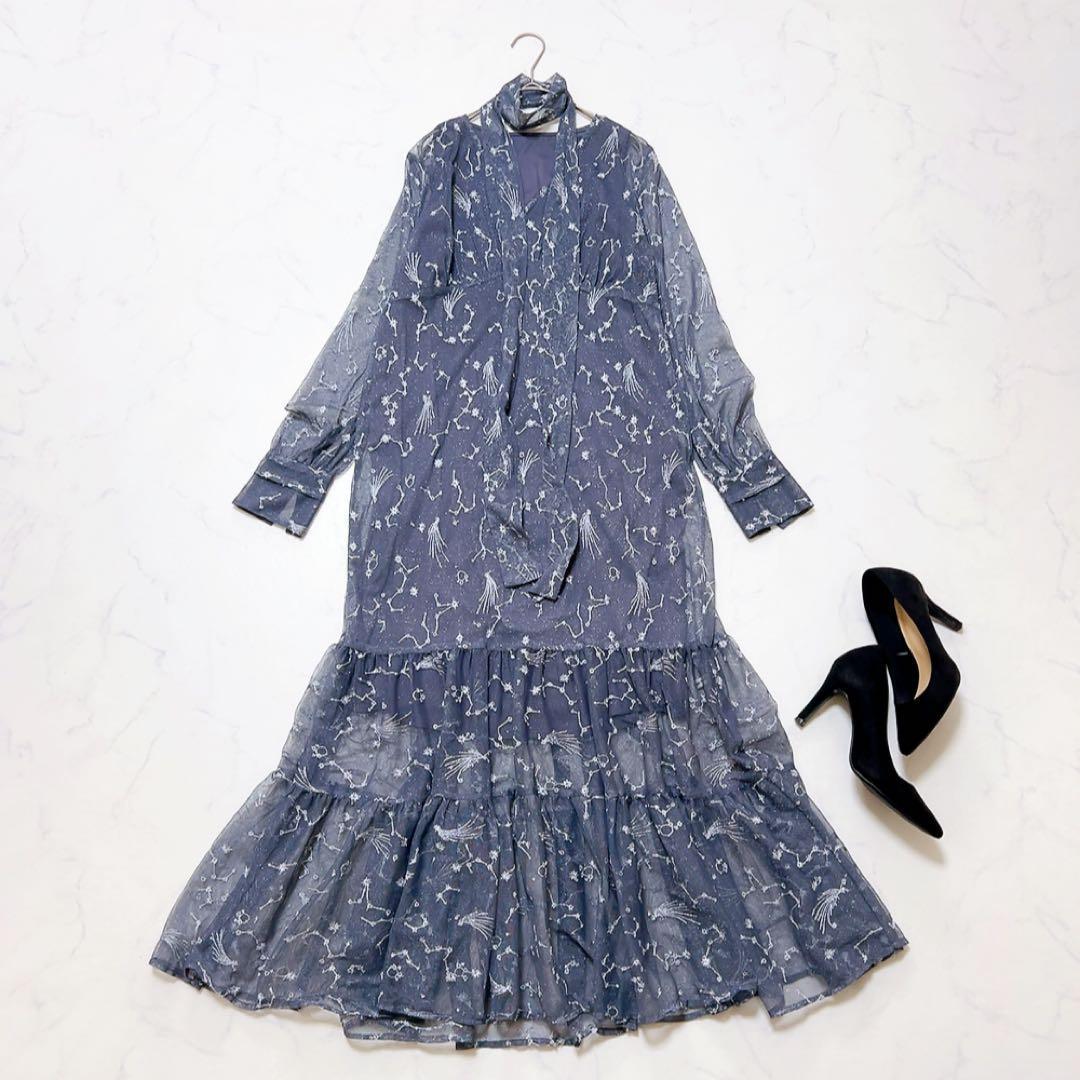 Beautiful item Lily Brown Starry sky embroidery tulle long dress NAVY with inner