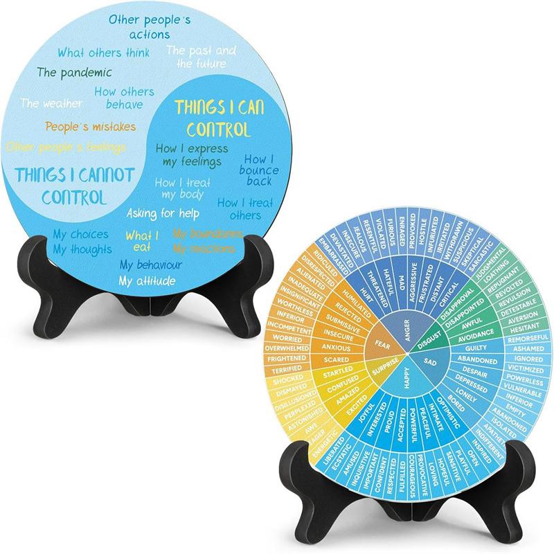 2 Pcs Feelings Wheel Aluminum Round Metal Mood Wheel Therapy Emotions Wheel Mental Health Relax Office Desk Decor