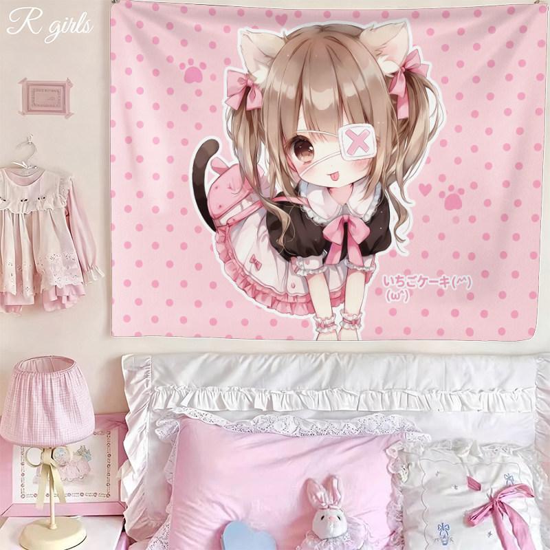 Kawaii Cat Ear Maid Anime Girl Tapestry Pink Polka Dot Wall Hanging for Pastel Aesthetic Bedroom Decor Home Decor