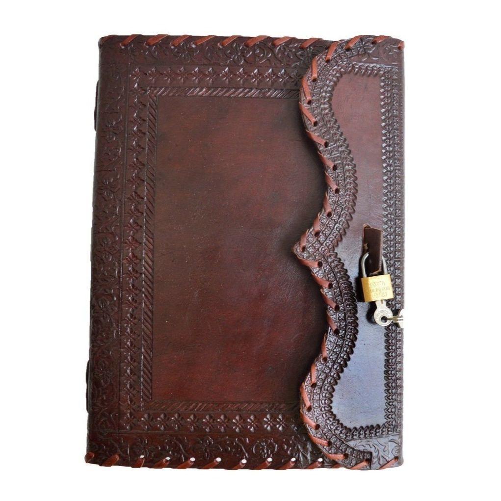 

Большой кожаный журнал ручной работы с тиснением, ЗАМОК И КЛЮЧ - Секретный дневник 10 x 7 in коричневый