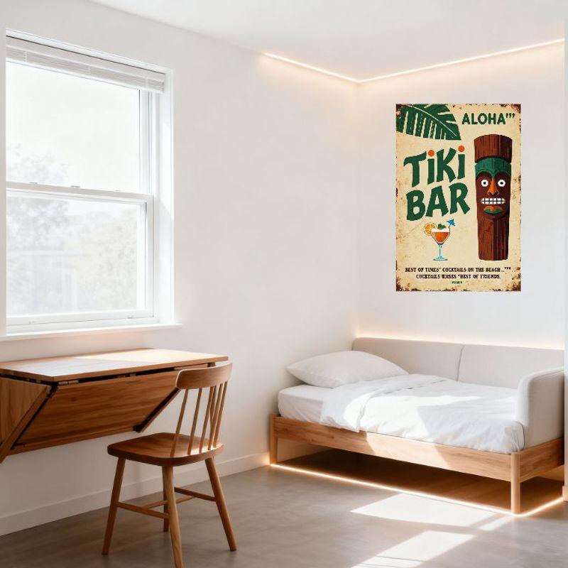 Vintage Tiki Bar Metal Tin Sign, Retro Beige Background with Aloha Palm Leaf, Tiki Totem & Cocktail Glass Art, Best for Beach Ho