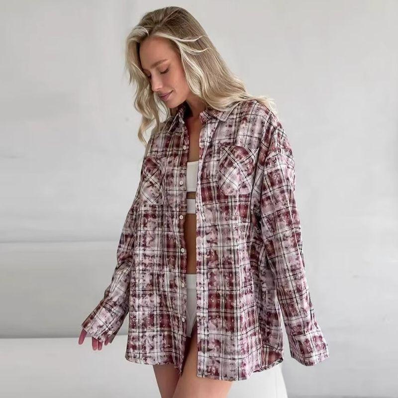 Fashion Style New Arrival Retro Lapels Loose Casual Plaid Shirt Loose Vintage Plaid Shirt