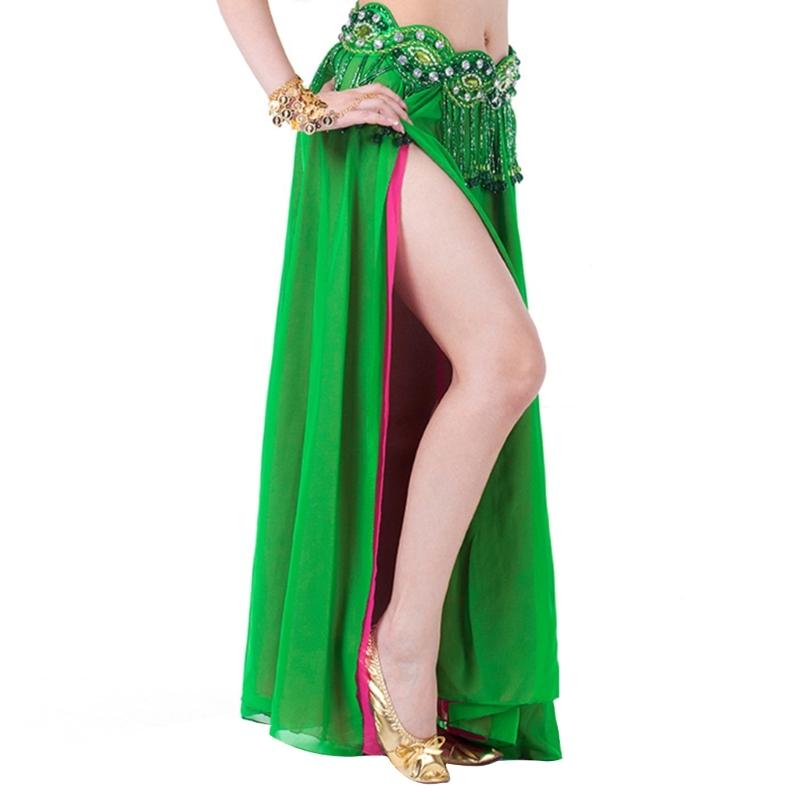 Belly Dance Skirt Double Slits Dance Training Dress Chiffon Long Skirt for Professional and Beginner
