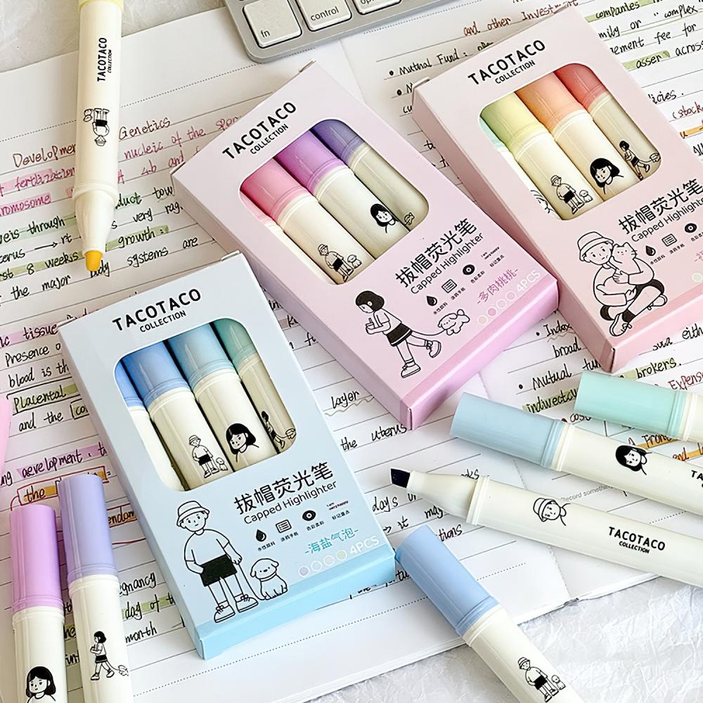 4pcs Tacotaco Color Highlighter Pens Set Cartoon Capped Art Marker for Drawing Painting Office School A7594