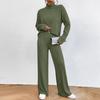 Women's Fashion Solid Color High Collar Long Sleeve Top Elastic Waist Casual Pants Two Piece Set