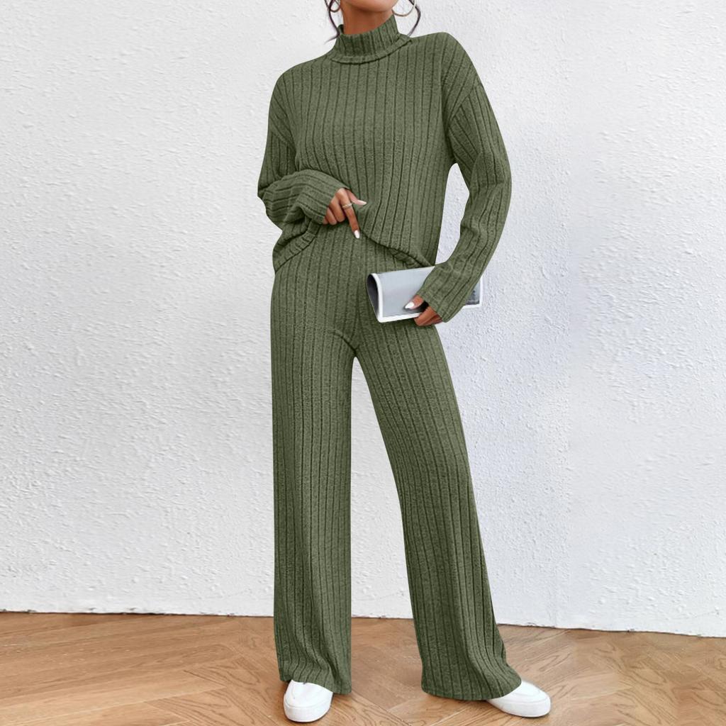 Women's Fashion Solid Color High Collar Long Sleeve Top Elastic Waist Casual Pants Two Piece Set