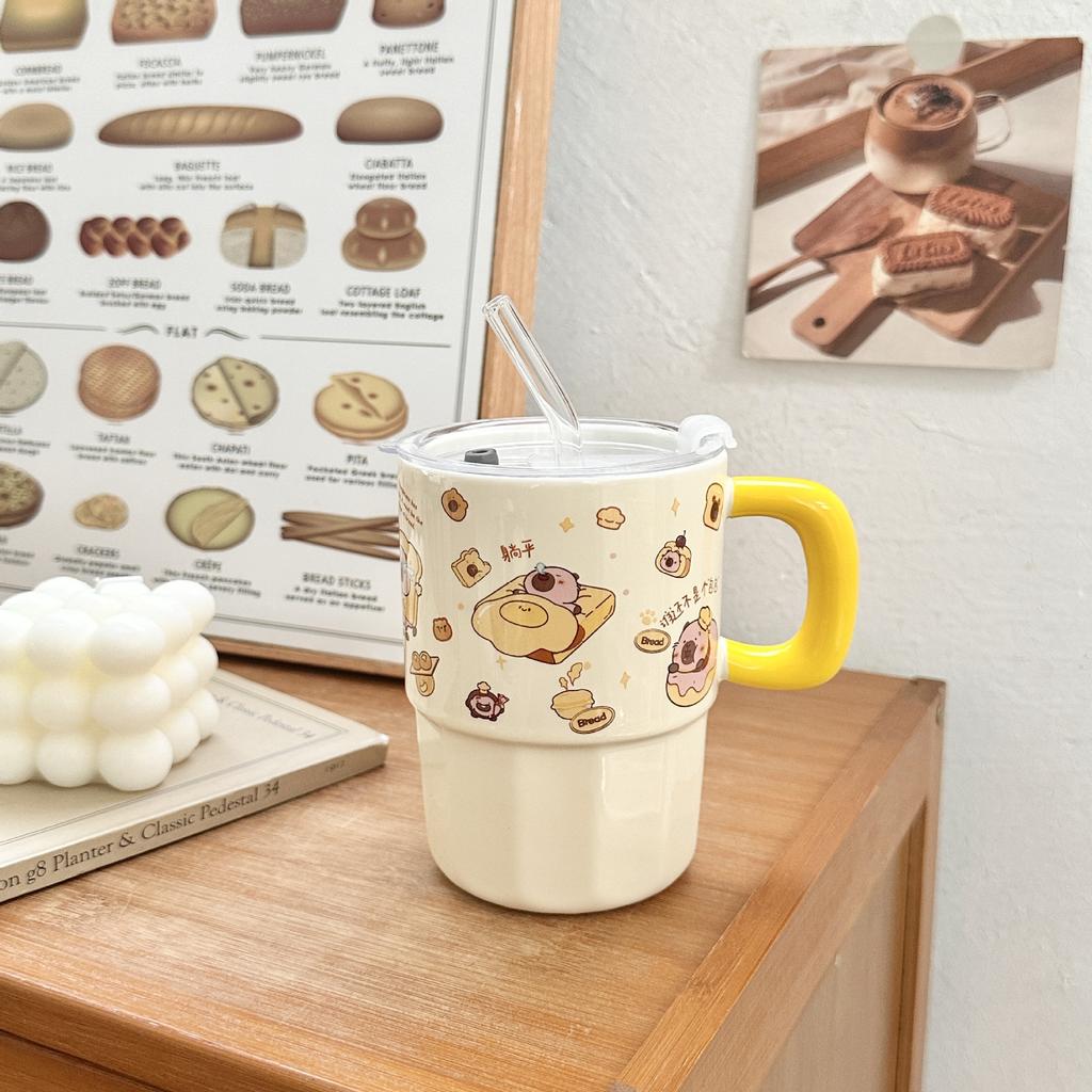Ceramic Straw Cup with Lid High-value Kapibara Water Cup Children's Household Mug for Girls