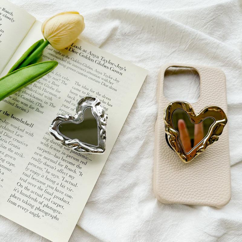Electroplated Metal Pleated Love Mirror Mobile Phone Case Airbag Bracket Pasted Retractable Desktop Watching Drama