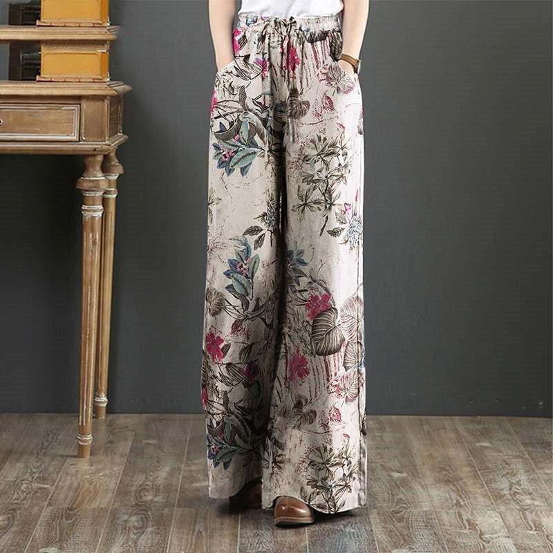 Pantaloni cu imprimeu floral Pantaloni largi din bumbac cu talie inalta