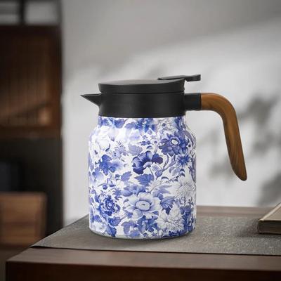 1000ml Vintage Floral Pattern Insulated Teapot, Stainless Steel Drip Type, Mini Insulated Coffee Pot with Tea Follicle Holder