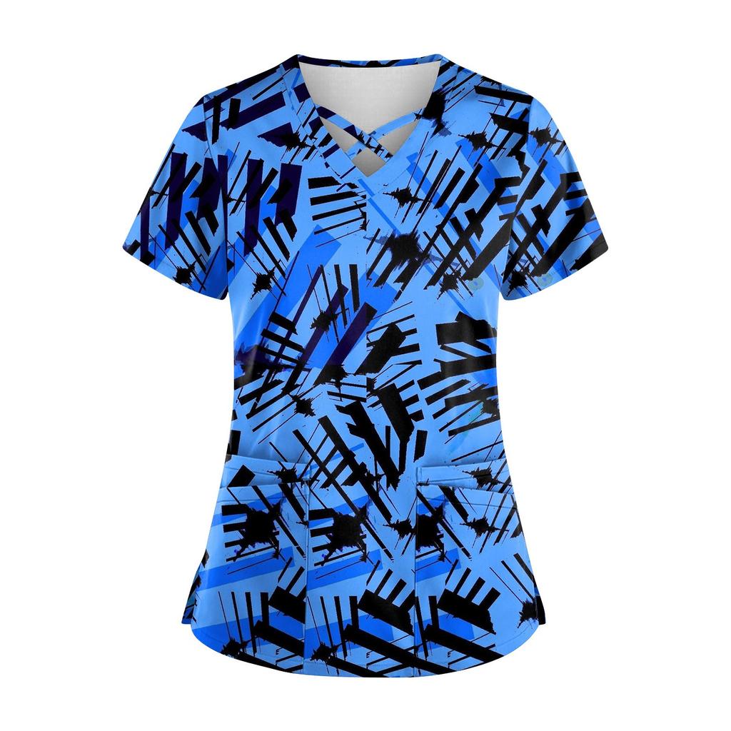 Women's Hawaii Printed Uniform Work Uniform V-Neck Pocket Protective Work Uniform