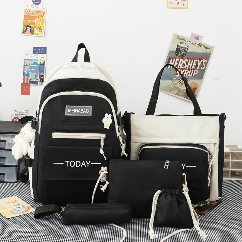 

5 шт., школьный рюкзак Оксфорд, женские рюкзаки для школьников старших классов, большой вместительный водонепроницаемый универсальный рюкзак чёрный