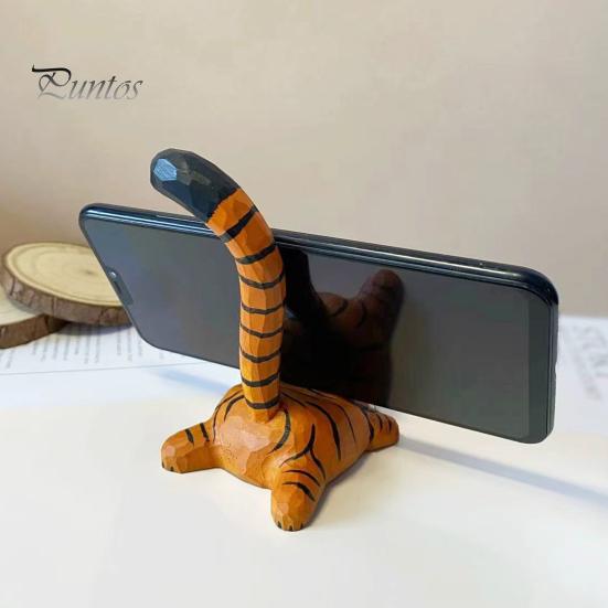 Hand Carved Basswood Stand Wooden Tiger Cat Phone Stand, Desktop Ornament, Cute Unique Healing Ornaments Animal Holder, Handmade Decor, Creative Gift